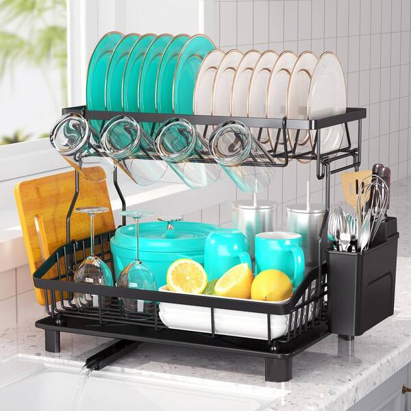 Lynzavix Black 2-Tier Large Capacity Dish Rack with Drainboard