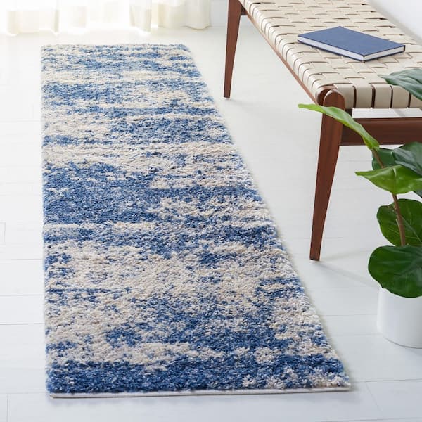 Berber Shag 2 ft. x 12 ft. Beige/Blue Distressed Solid Color Runner Rug