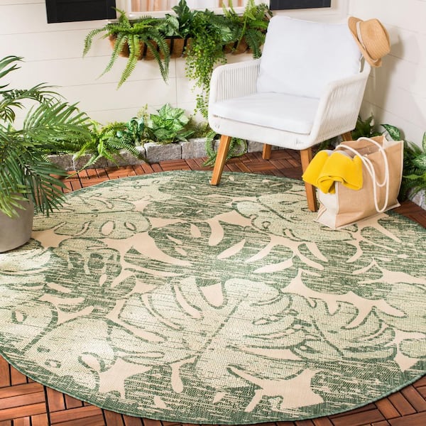 Courtyard Beige/Green 7 ft. x 7 ft. Round Floral Indoor/Outdoor Patio  Area Rug