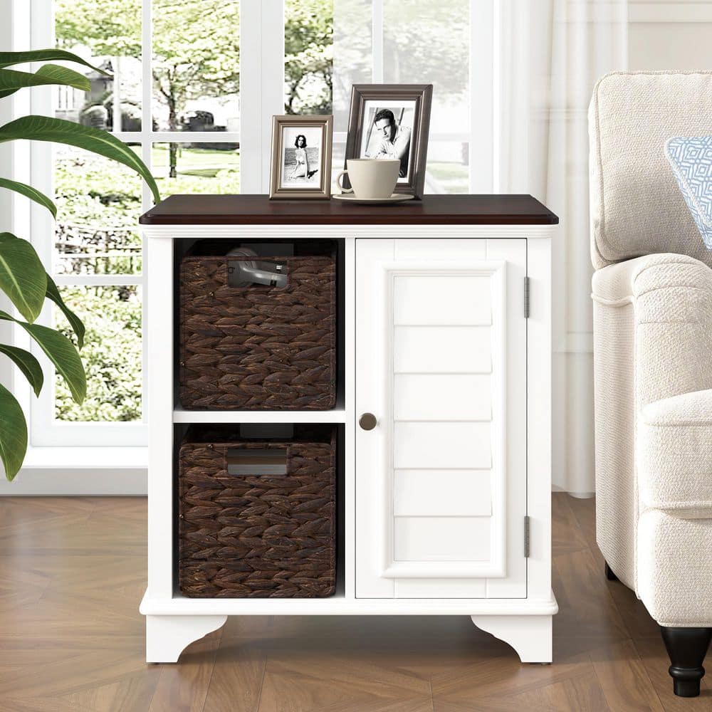 23.1 in. White Rectangular Wood End Table with a Shutter Style Design,2 Woven Grass Baskets