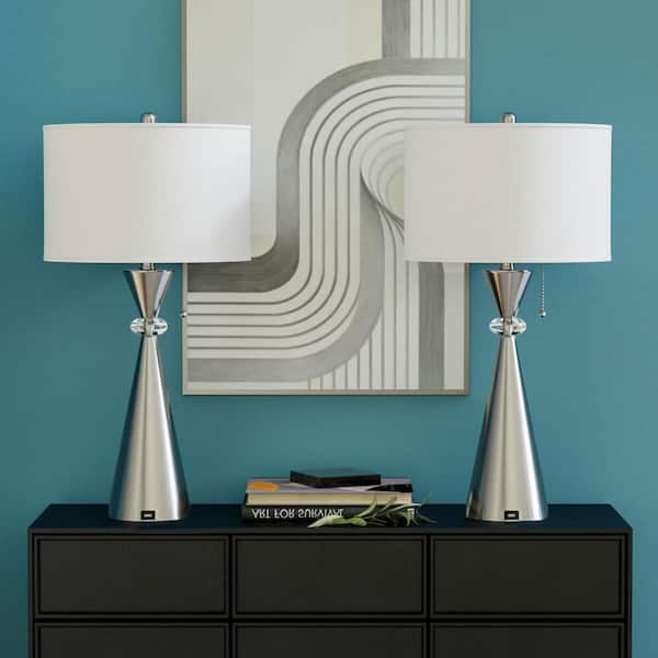 Maxax 28 in. Nickel Modern Crystal Bedroom Living Room Bedside Desk Nightstand Table Lamps USB Port (Set of 2)