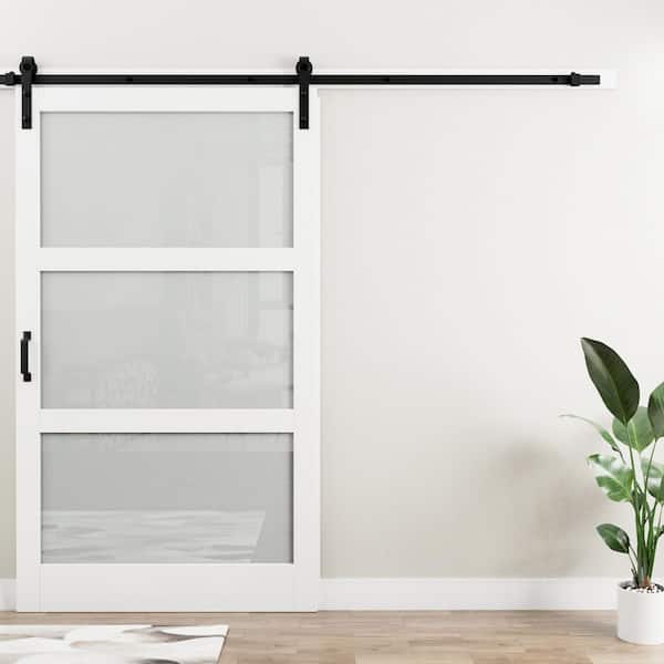48 in. x 84 in, 3 Lite Tempered Frosted Glass White Finished Composite MDF Sliding Barn Door Slab with Hardware Kit