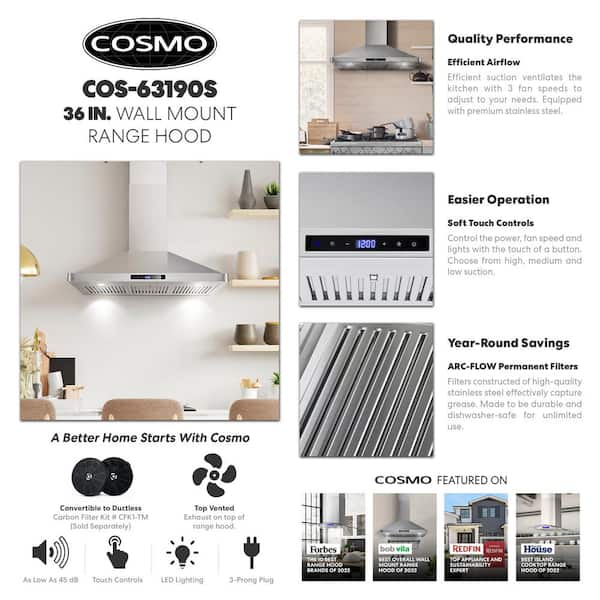 Cosmo 36 in. Ducted Wall Mount Range Hood with Soft Touch Digital Controls,  LED Lights in Stainless Steel - 36 - Bed Bath & Beyond - 36845881
