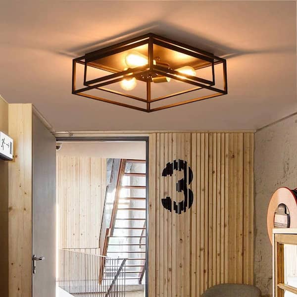 15.3 in. 3-Light Black Industrial Square Dimmable Flush Mount with Metal Shade for Living Room Bedroom, No Bulb Included