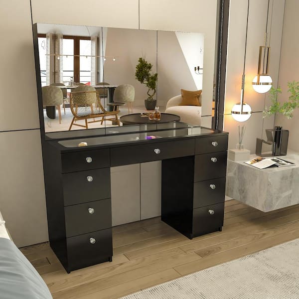 Lily Black Finish, 9-Drawers 53 in. W Dresser with Mirror