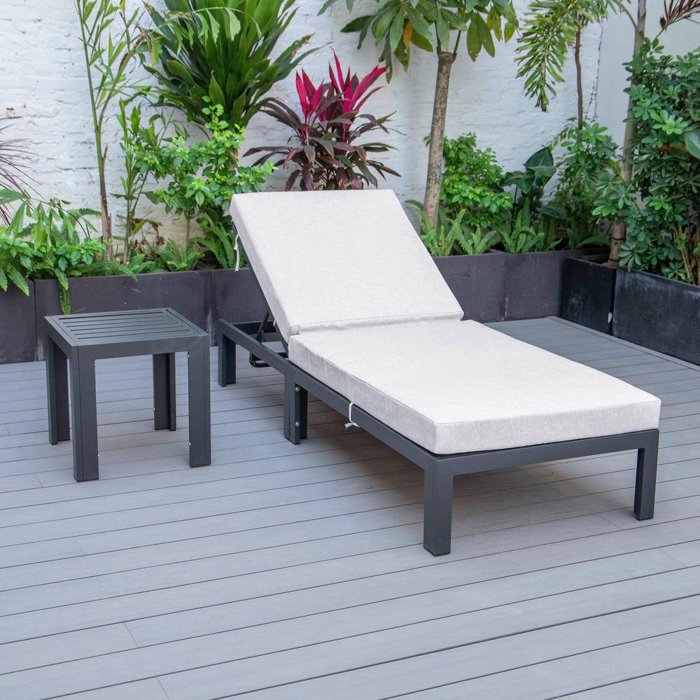 Chelsea Modern Black Aluminum Outdoor Chaise Lounge Chair with Light Grey Cushions and Side Table