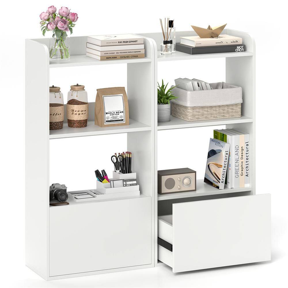 2PCS Bookshelf with Drawer 41.5 in. Tall Open Shelf Wood Bookcase Freestanding Storage Cabinet Display Rack White price history on PriceWatchPro