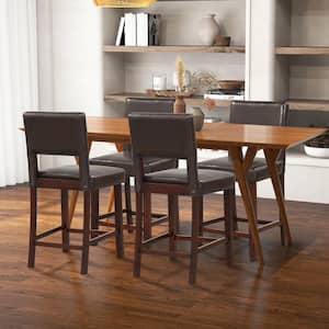 4-Pcs 24.5 in. Brown PVC Leather Counter Height Bar Stool Set withBack and Rubber Wood Legs