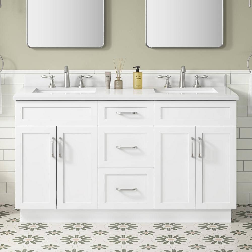 Lincoln 60 in. Double Sink White Bath Vanity with White Engineered Stone To