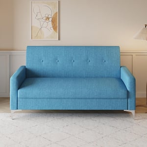 57 in Wide Square Arm Cotton and Linen Rectangle Modern Sofa in Blue