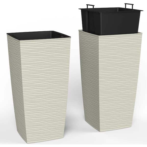 JANSKA 14 in. x 14 in. x 27.5 in. EverGreen Beige, M-Resin Indoor/Outdoor Planter with Built-In Drainage, Duo Set, XL (2-Piece)