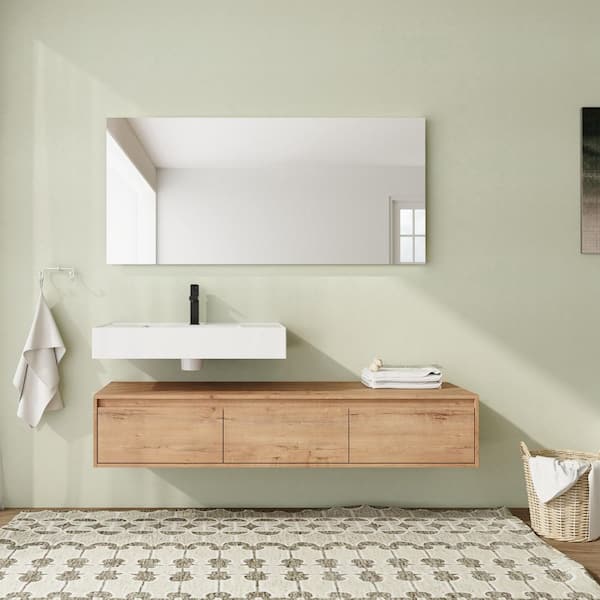60 in. Wall-Mounted Single Oak Bath Vanity with White Resin Top Assembled