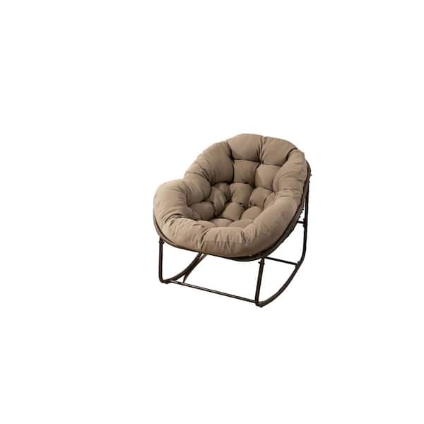 HOMEFUN Deluxe Oversized Wicker Rattan Padded Steel Frame Outdoor Rocking Chair with Olefin Khaki Cushion