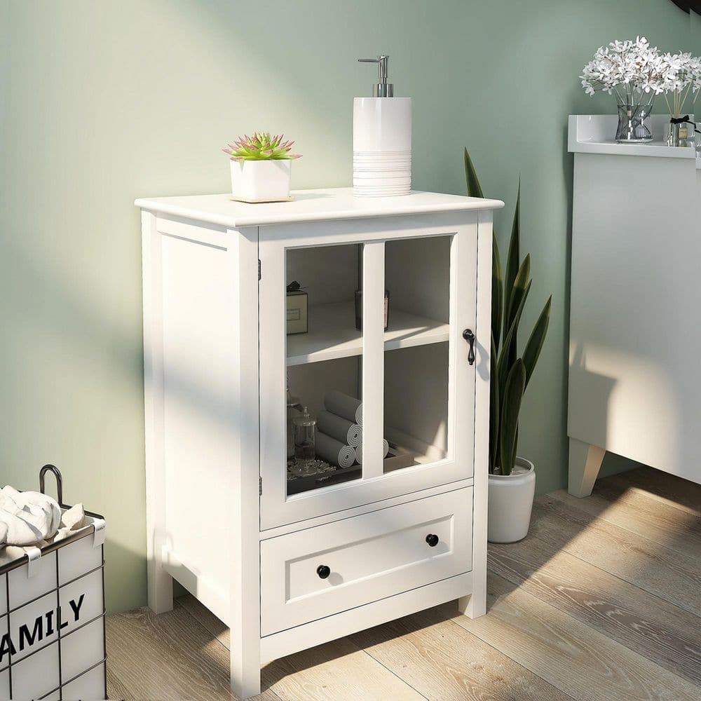 Modern White MDF 22.05 in. Buffet Cabinet with 2 Glass Doors, Unique Bell H