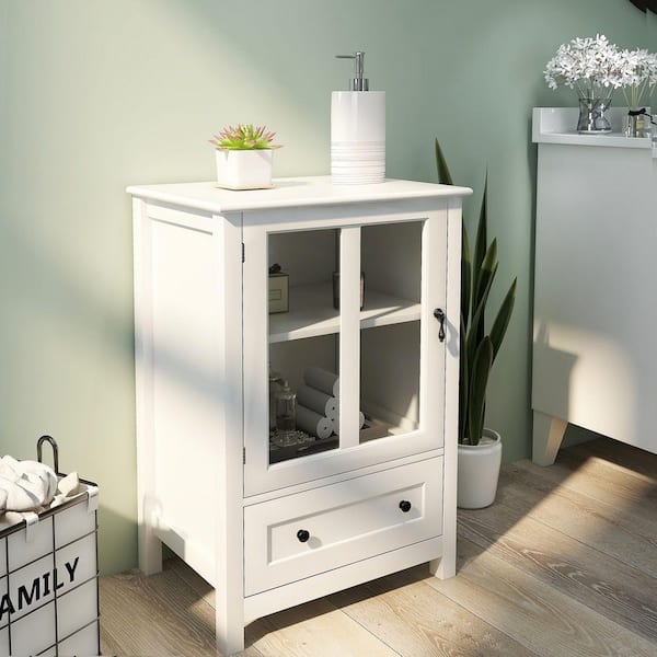 Unbranded Modern White MDF 22.05 in. Buffet Cabinet with 2 Glass Doors, Unique Bell Handles and Big Drawers Sideboard Cupboard