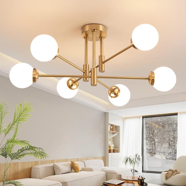 Deyidn 6-Light Vintage Gold Sputnik Chandelier for Living Room, Mid Century Ceiling Lights with Glass Shade, Bulb Not Included