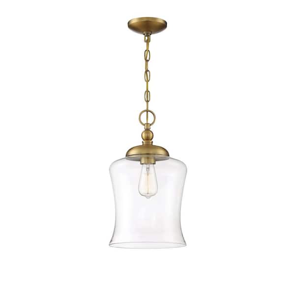 Savoy House 9.75 in. W x 16.5 in. H 1-Light Natural Brass Pendant Light with Clear Glass Shade