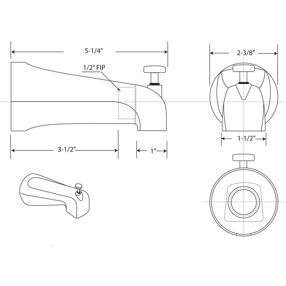 Polished Chrome Wall Mounted Tub Spout with Front Diverter