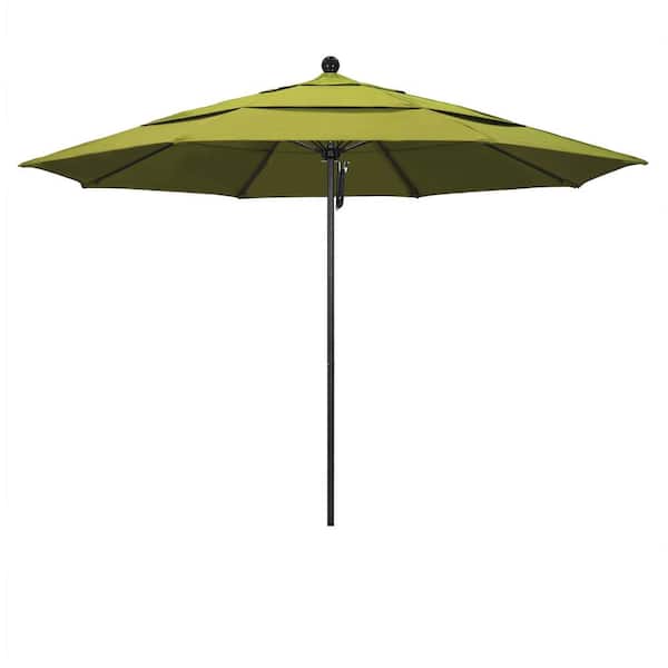 California Umbrella 11 ft. Black Aluminum Commercial Market Patio Umbrella with Fiberglass Ribs and Pulley Lift in Kiwi Olefin