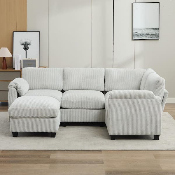 85.37 in. Corduroy Modular L-Shaped 5-Seat Sectional Sofa in Grey for Living Room and Spacious Space