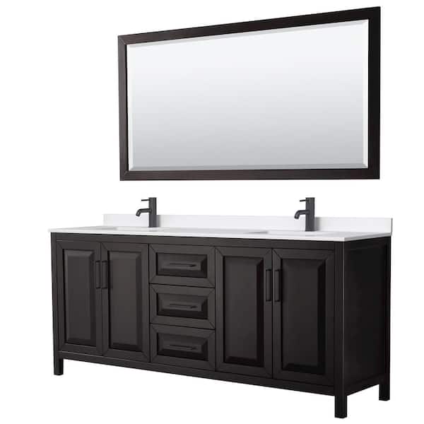 Wyndham Collection Daria 80 in. W x 22 in. D x 35.75 in. H Double Bath Vanity in Dark Espresso with White Quartz Top and 70 in. Mirror