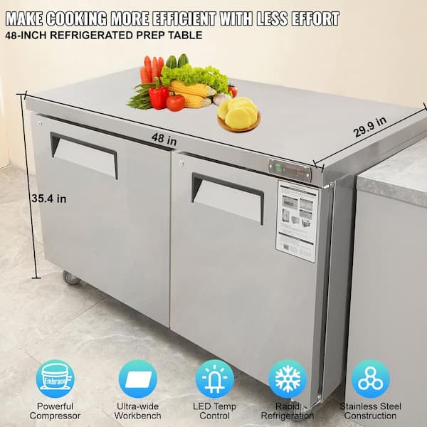 Commercial Refrigerator, 48 in. Worktop Undercounter Refrigerator, 12.85 cu. ft. Thick Stainless Steel Food Prep Station