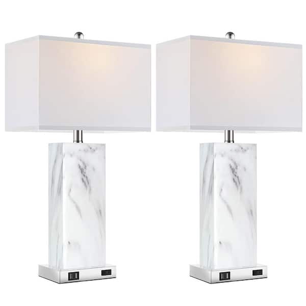22.5''Touch Control Table Lamps Set of 2, Modern White Resin Bedside Lamp with 2 USB Ports 1 AC Outlet, 3-Way Dimmable