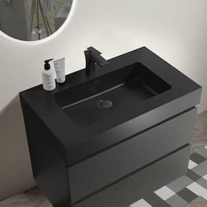 30 in. Single Sink Wall Mounted Gray Bath Vanity with Black Solid Surface Top Unassembled without Drain and Faucet