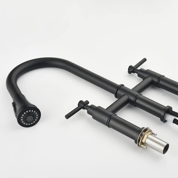 Double Handle Bridge Kitchen Faucet with Pull down Sprayhead in Matte Black