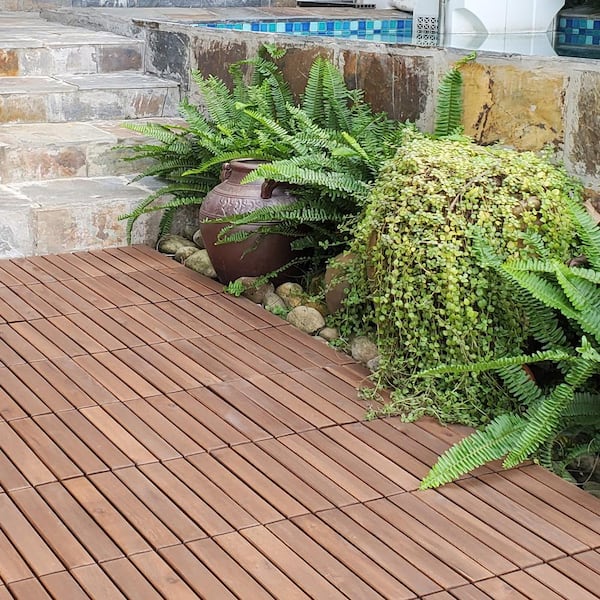 GOGEXX 12 in. x 12 in. Brown Square Acacia Wood Interlocking Flooring Deck Tiles Striped Pattern Outdoor (Pack of 30 Tiles)