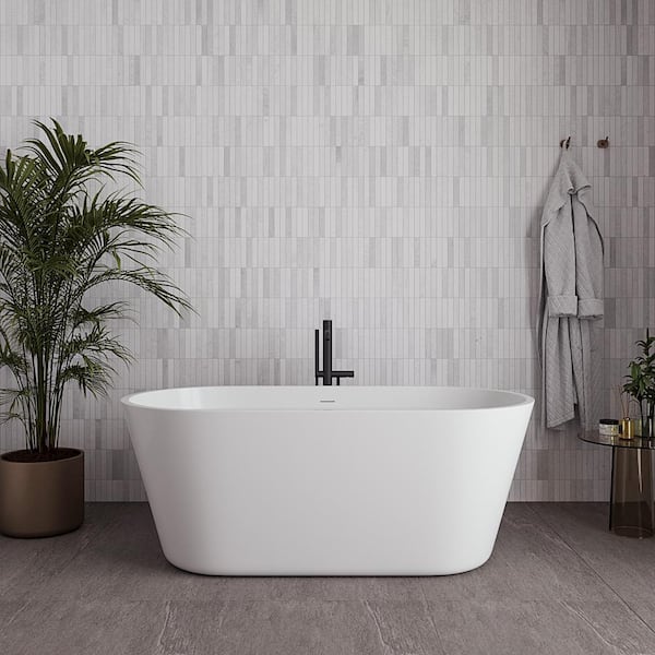 59 in. x 30 in. Acrylic Freestanding Soaking Bathtub in Glossy White with Matte Black Drain