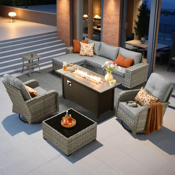 Stellaray 9 Pieces Wicker Outdoor Patio Rectangular Fire Pit Set and Swivel Rocking Chairs with Dark Gray Cushions