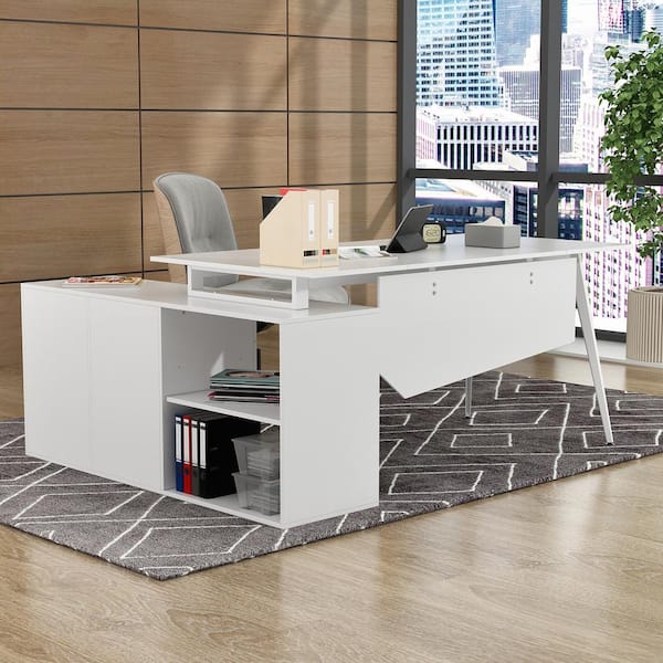 FUFU&GAGA 63 in. W-28.7 in. H White Computer Desk with 3-Drawers 