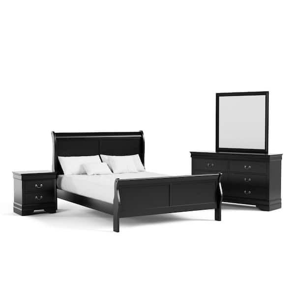 Furniture of America Burkhart 4-Piece Black Wood Queen Bedroom Set with Nightstand and Dresser/Mirror