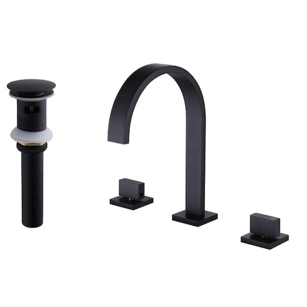AIMADI 8 in. Widespread Double Handle Bathroom Faucet with Drain Assembly 3 Hole Waterfall Bathroom Basin Taps in Matte Black