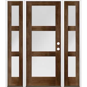 64 in. x 80 in. Modern Douglas Fir 3-Lite Left-Hand/Inswing Frosted Glass Provincial Stain Wood Prehung Front Door w/DSL