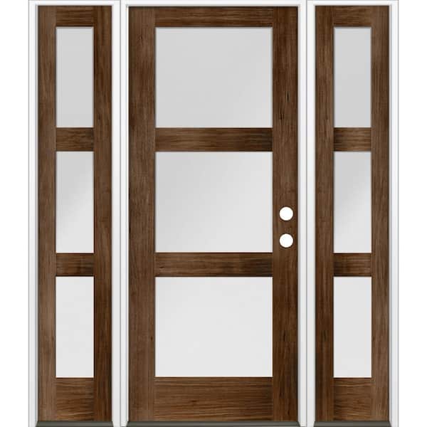 Krosswood Doors 64 in. x 80 in. Modern Hemlock 3-Lite Left-Hand/Inswing Frosted Glass Provincial Stain Wood Prehung Front Door w/DSL