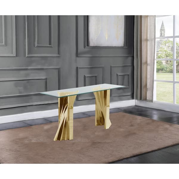 Best Quality Furniture Ozuna 55 in.Tempered Clear Glass Gold Stainless Steel, Rectangle Console Table.