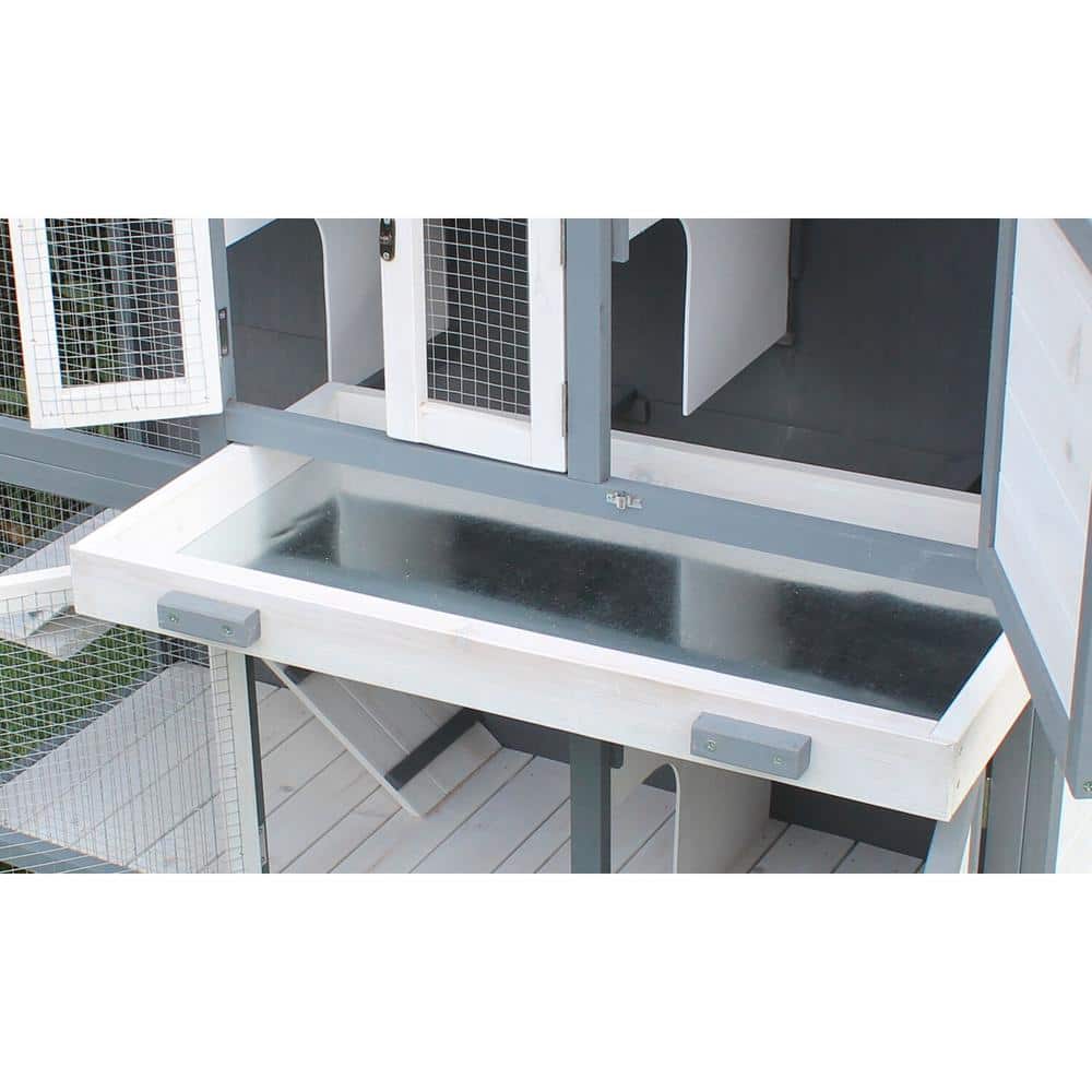 Gray and White Wooden 2-Story Rabbit Hutch with Ramps