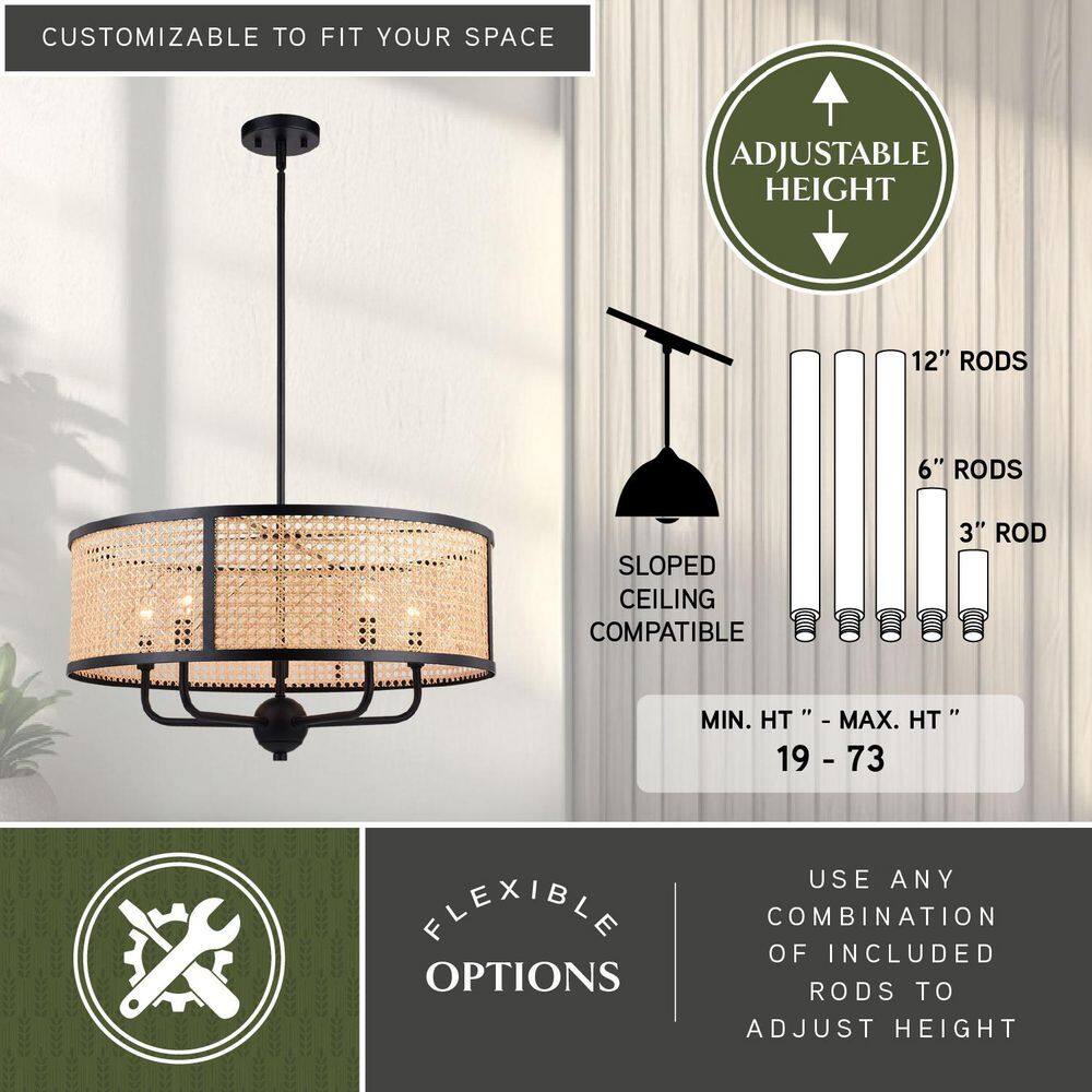 Matte Black and Rattan Drum Pendant Light Fixture