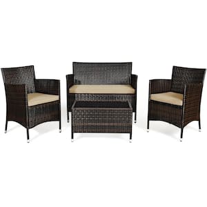 4-Piece Patio Rattan Conversation Set Outdoor Wicker Furniture Set with Tempered Glass in Beige/Tan Cushion
