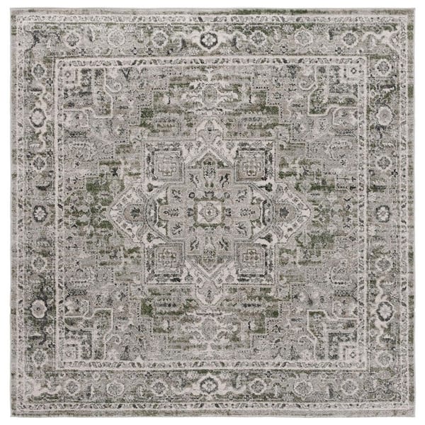 Vintage Tabriz 7 ft. x 7 ft. Gray/Green Distressed Aztec Medallion Square Area Rug