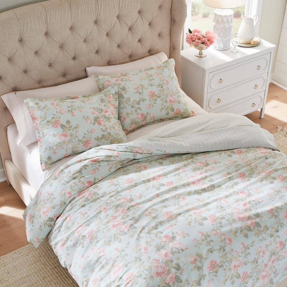 Madelynn Full/Queen Blue Cotton Floral Bedspread Cover Set