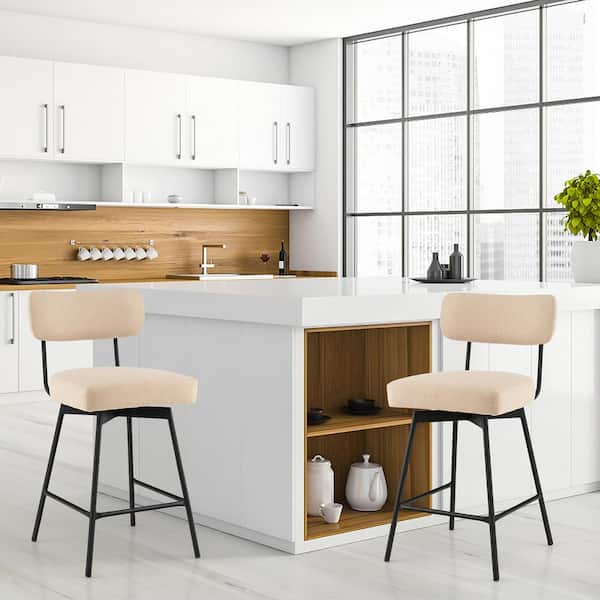 Costway 25 in. Beige Low Back Metal Swivel Bar Stools Counter Height Upholstered Kitchen Dining Chair Set of 4