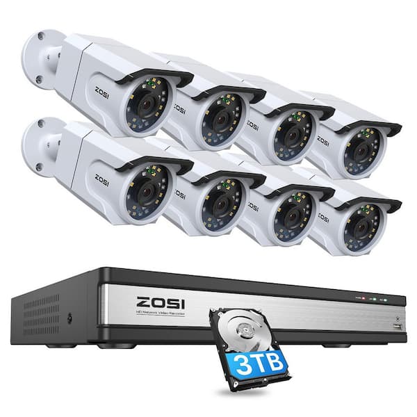 ZOSI 4K 8MP 16-Channel PoE 3TB NVR Security Camera System with 8 Wired Spotlight Cameras, Color Night Vision, Audio Recording