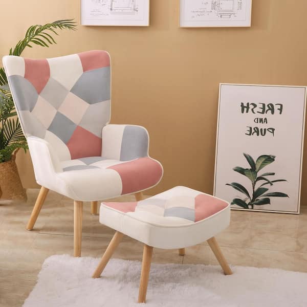 Unbranded Pink Splicing Cloth Surface Chair with Ottoman, Living Room Chair and Ottoman Set, Comfy Side Armchair for Bedroom