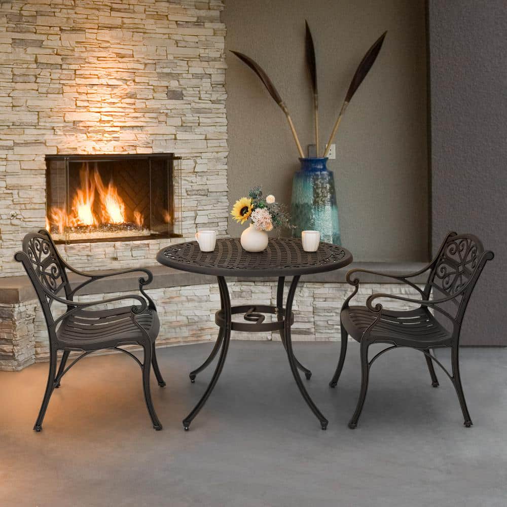 Bronze Round Cast Aluminum Patio Bistro Table with Umbrella Hole