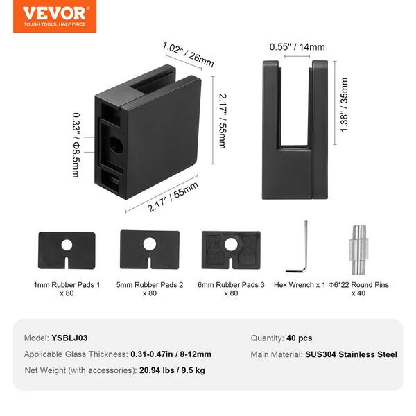 VEVOR Glass Clamp 1 in. H x 2 in. W Black Stainless Steel Stair Railing Kit 40 PCS Glass Railing Bracket for 0.31 to 0.47 in.