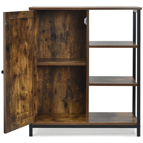 Costway Multipurpose Brown Freestanding Cupboard Storage Cabinet with 3-Open Shelf and Door