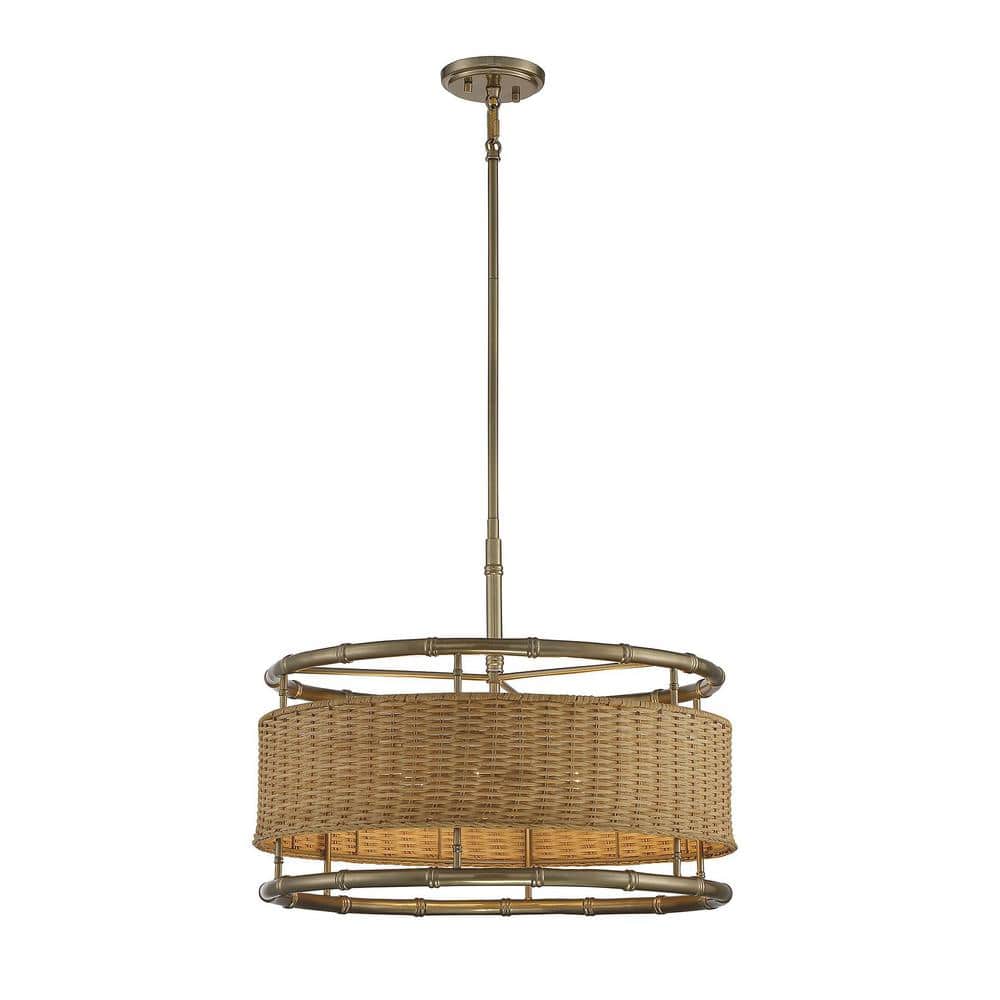 Arcadia Warm Brass and Natural Rattan 6-Light Drum Pendant